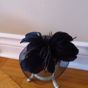 Vintage 1980 black hat feathers flower, hair pin, dressing ,wedding hat,funeral